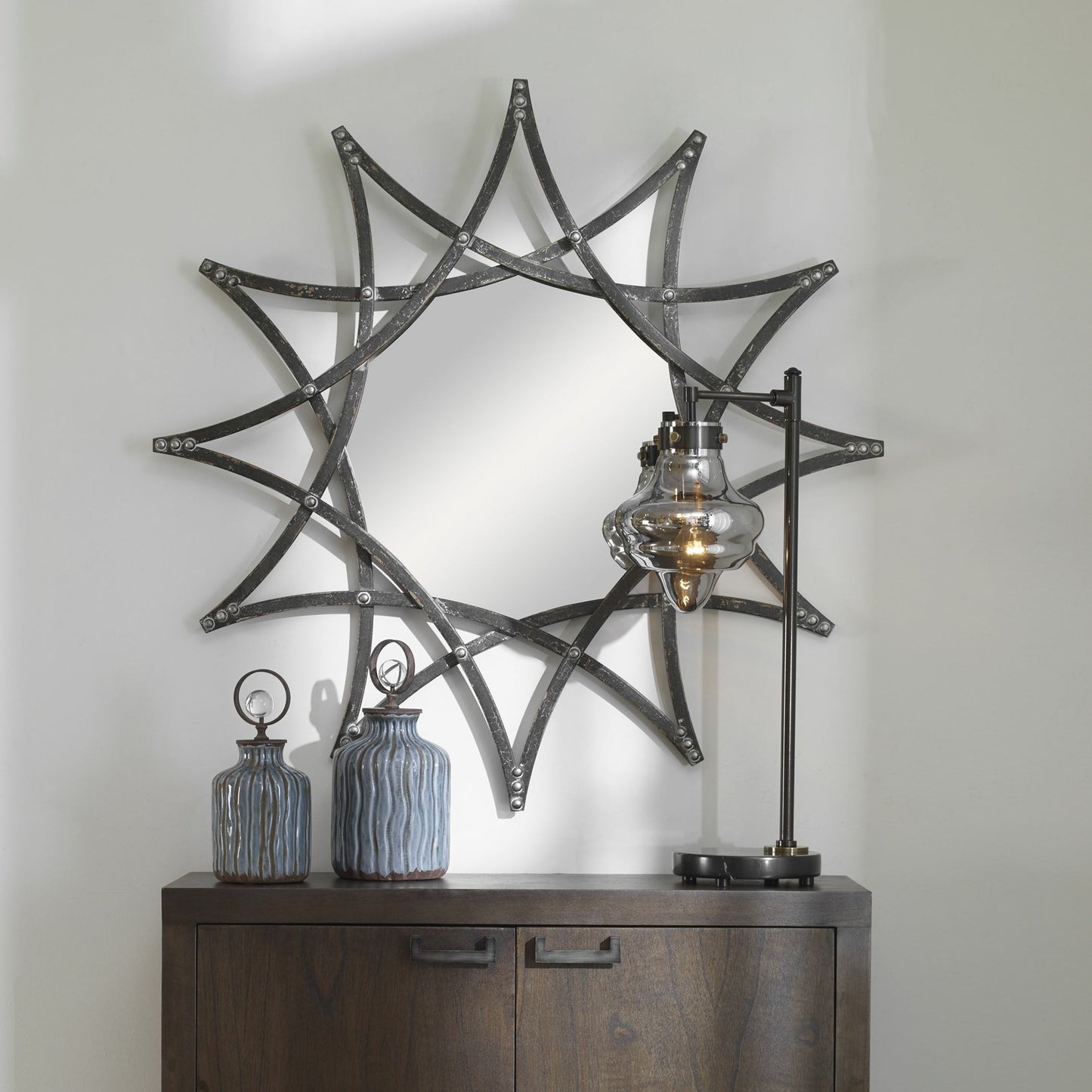 003 SI-1789805 | Lifestyle | Solaris Mirror by Uttermost in aged charcoal. Made from iron, mirror, mdf in a modern style.