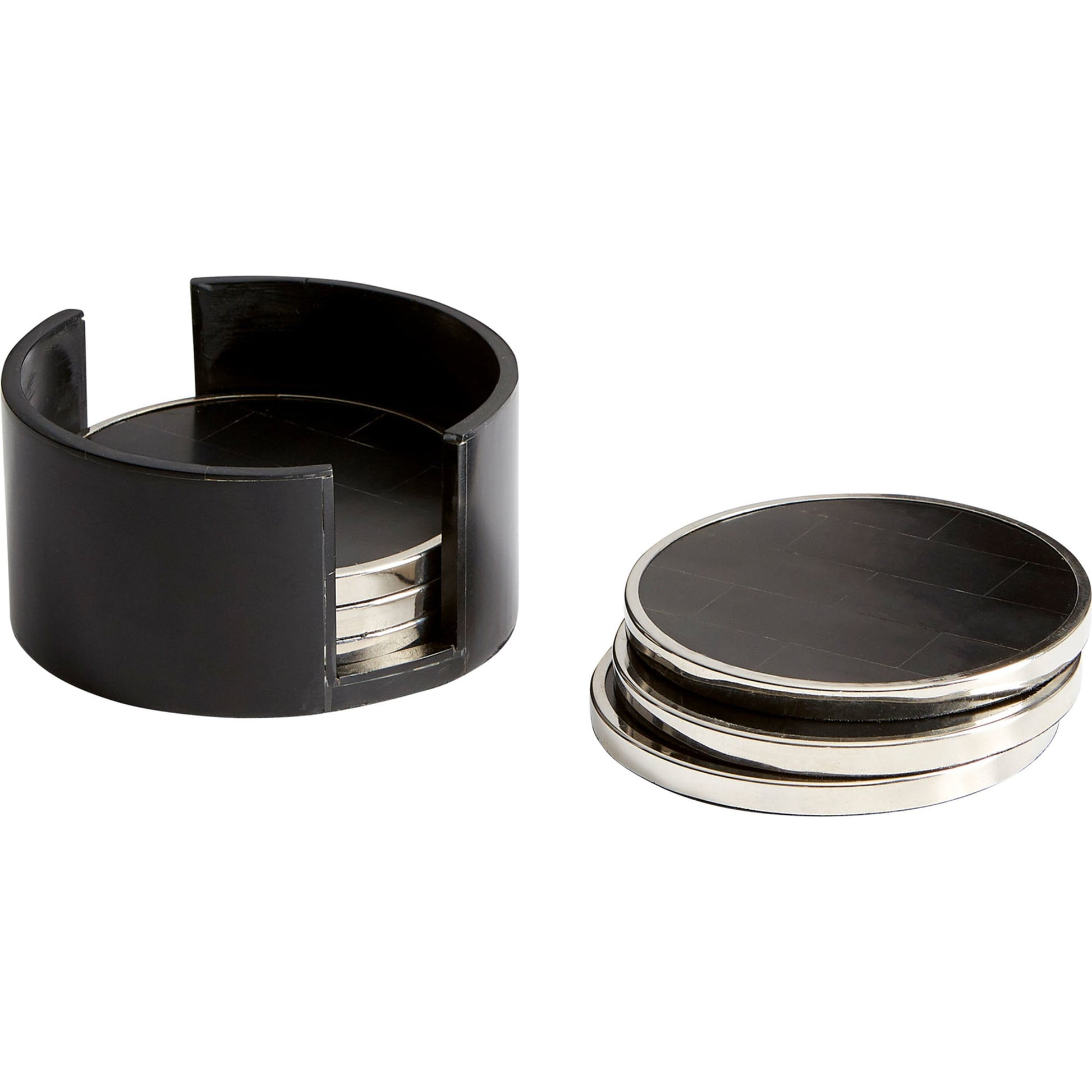 Jameson Coasters by Cyan Design in nickel, black. Made from resin, wood, brass in a modern style.