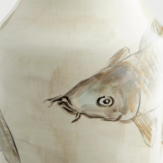Playing Koi Vase by Cyan Design in tan, ivory. Made from ceramic in a coastal style.