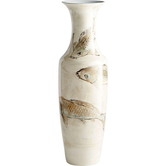 Playing Koi Vase by Cyan Design in tan, ivory. Made from ceramic in a coastal style.