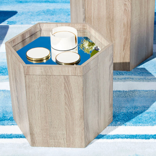 Honeycomb Tray Table by Cyan Design in oak veneer. Made from wood, mirrored glass in a coastal style.