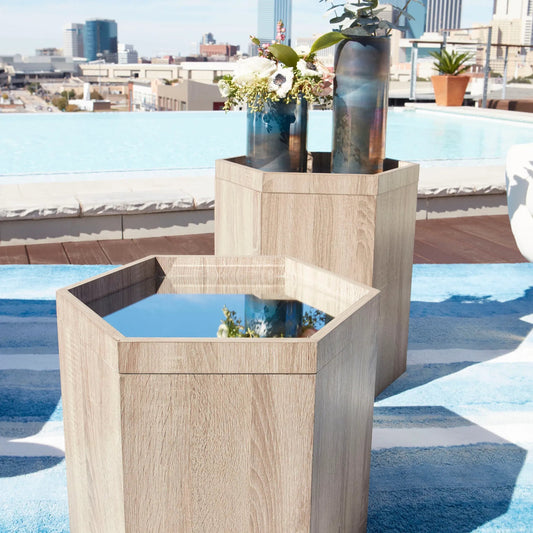 Honeycomb Tray Table by Cyan Design in oak veneer. Made from wood, mirrored glass in a coastal style.