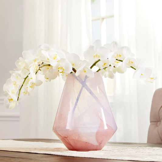 Atria Wide Vase by Cyan Design in pink. Made from glass in a modern style.