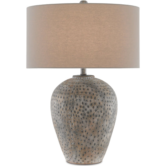 Junius Table Lamp by Currey and Company in earth gray. Made from terracotta in a modern style.
