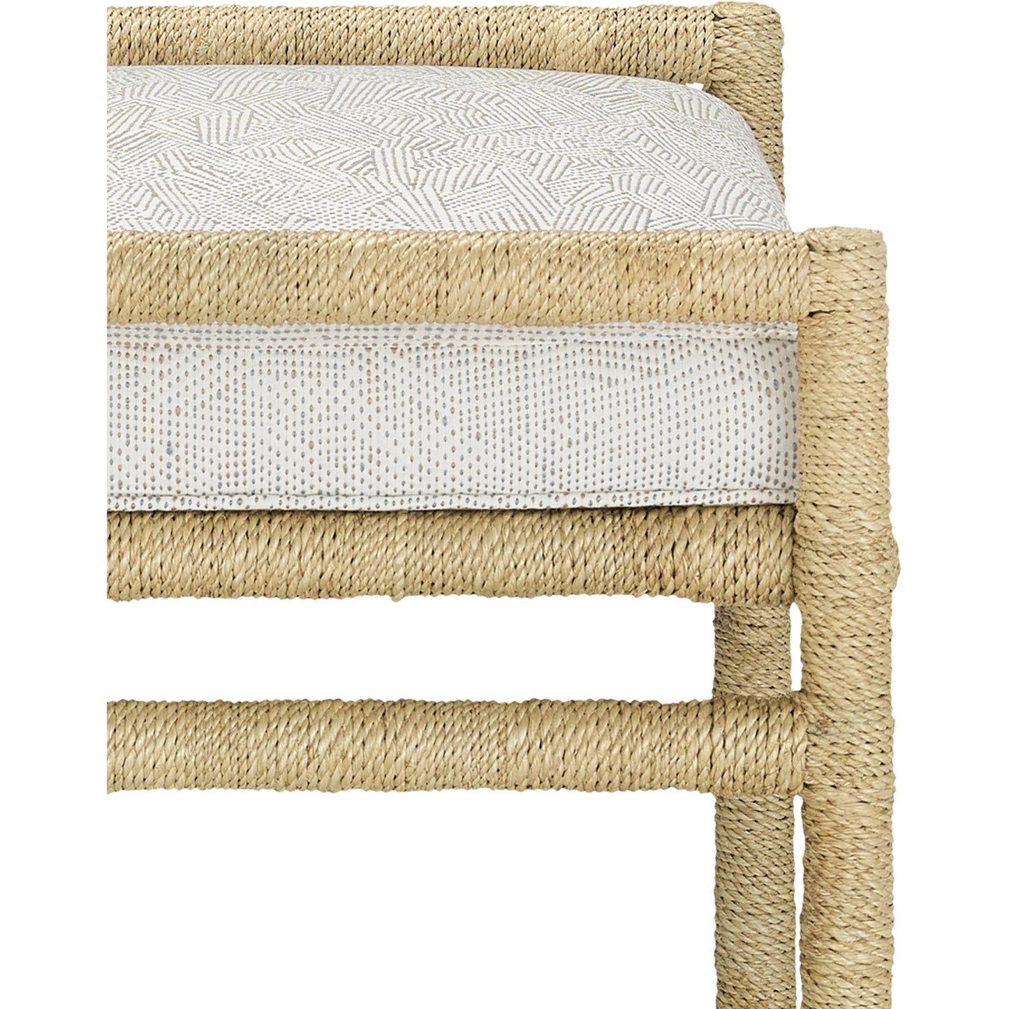 004 SR-767951 | Closeup | Olisa Ottoman by Currey and Company in pearl. Made from abaca rope, wrought iron, fabric in a coastal style.