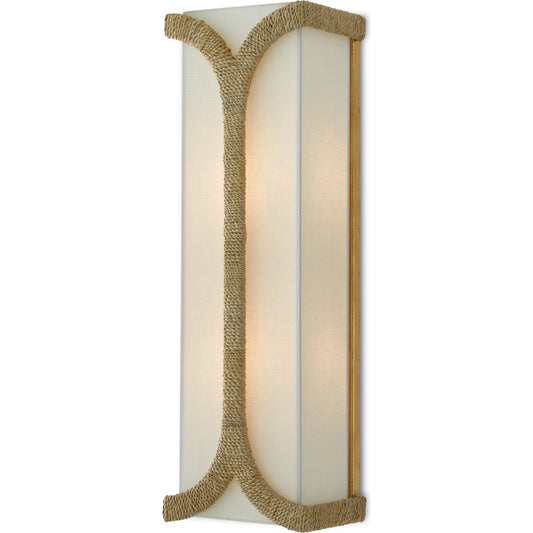 Carthay Wall Sconce by Currey and Company in natural, dark contemporary gold leaf. Made from abaca rope, wrought iron in a transitional style.