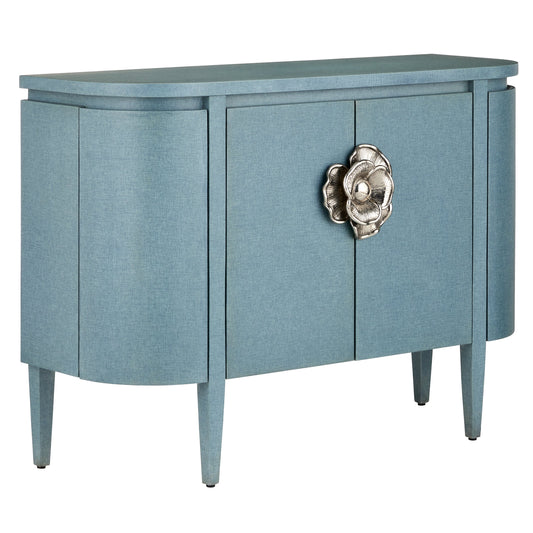 001 SI-2133871 | Primary Silo | Briallen Demi-Lune Cabinet by Currey and Company in lacquered blue linen, natural oak, polished nickel. Made from linen, rubberwood, oak veneer, cast brass in a traditional style.