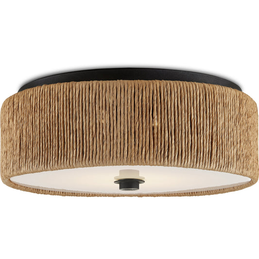 Brownell Flush Mount by Currey and Company in blacksmith, natural. Made from wrought iron, kraft paper twine, acrylic diffuser in a cottage & farmhouse style.