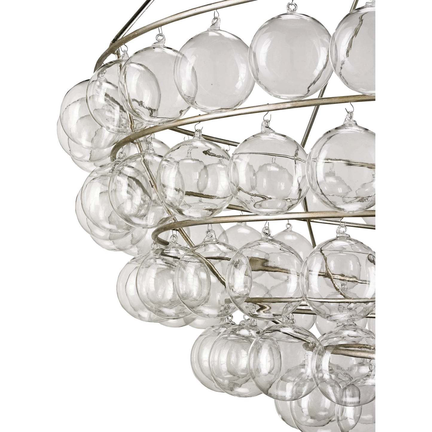 003 S-223689 | Closeup | Stratosphere Chandelier by Currey and Company in contemporary silver leaf. Made from wrought iron, glass in a modern style.