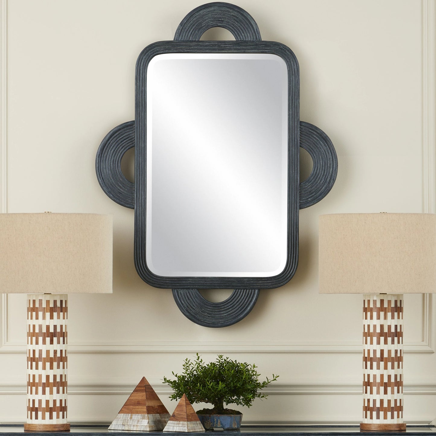 010 SI-1924158 | Lifestyle | Santos Rectangular Mirror by Currey and Company in navy. Made from rattan, mahogany, glass in a modern style.