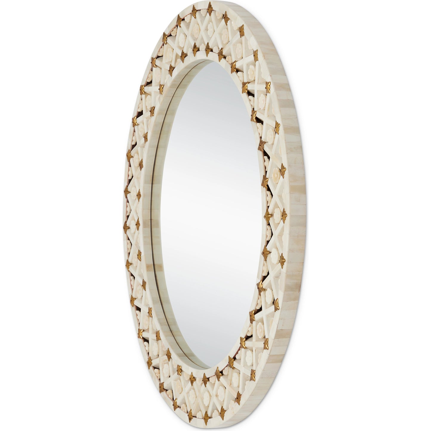 004 SI-2007737 | Additional Silo | Ellaria Round Mirror by Currey and Company in natural, brass. Made from bone, brass, glass, engineered wood in a modern style.