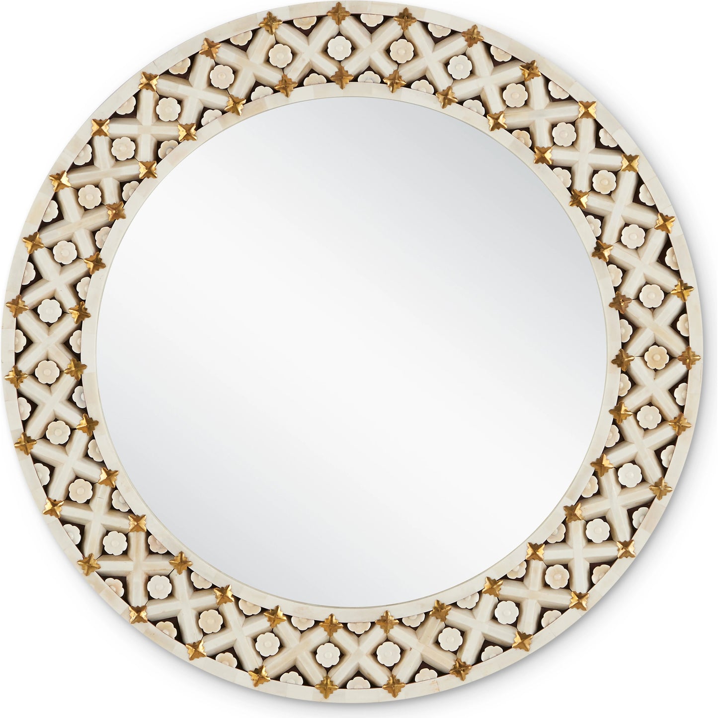 003 SI-2007737 | Additional Silo | Ellaria Round Mirror by Currey and Company in natural, brass. Made from bone, brass, glass, engineered wood in a modern style.