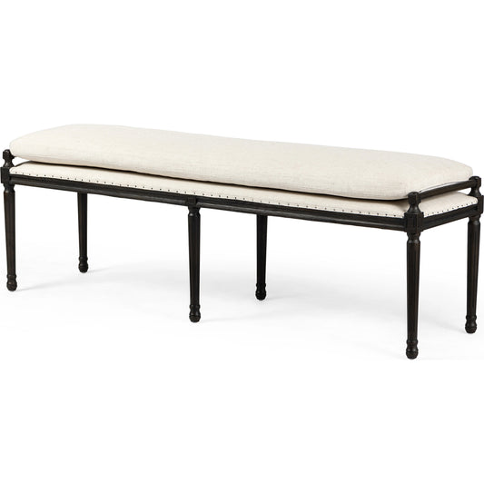 Lucille Dining Bench by Four Hands in alcala cream, charcoal oak. Made from solid oak, 70% polyester, 20% viscose (rayon), 10% flax, linen in a cottage & farmhouse style.