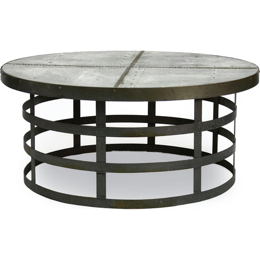Alden Round Coffee Table by Zentique in rustic galvanized tin and cold rolled steel. Made from cold rolled steel in a modern style.