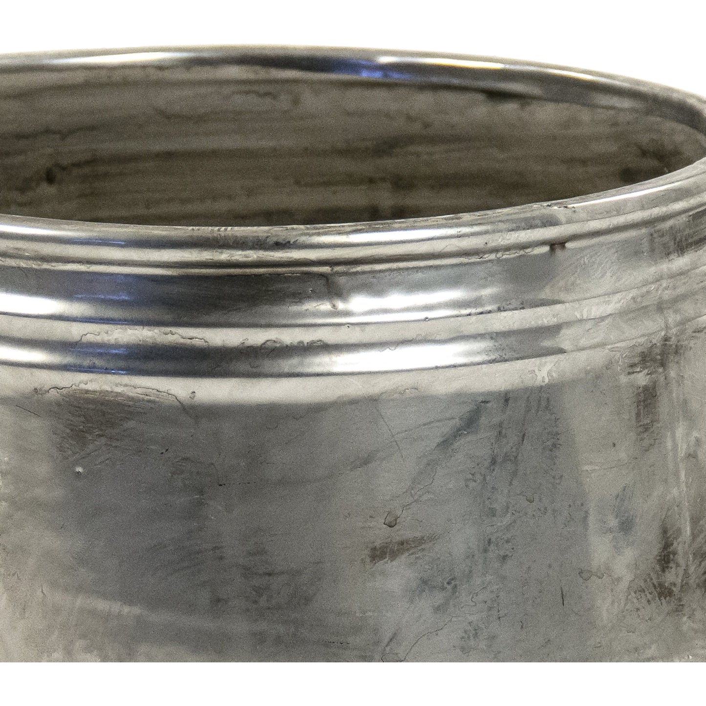 005 SR-900154,SR-900155 | Closeup | Distressed Metallic Ridge Vase by Zentique in distressed metallic silver. Made from stoneware in a traditional style.