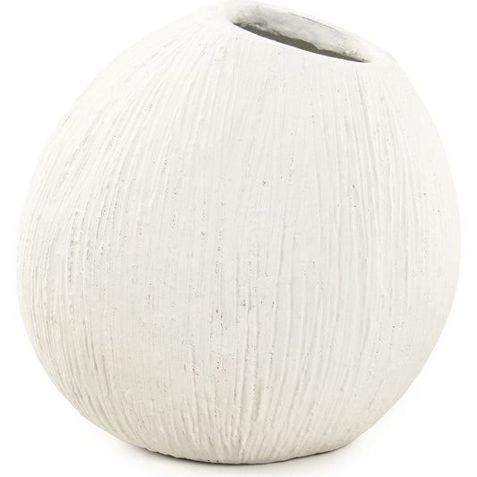 Distressed Round Vase by Zentique in distressed white and cement. Made from cement in a coastal style.