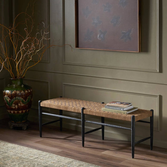 Wyatt Bench by Four Hands in coffee suede, drifted black. Made from top grain leather, solid oak, 100% polyester in a coastal style.