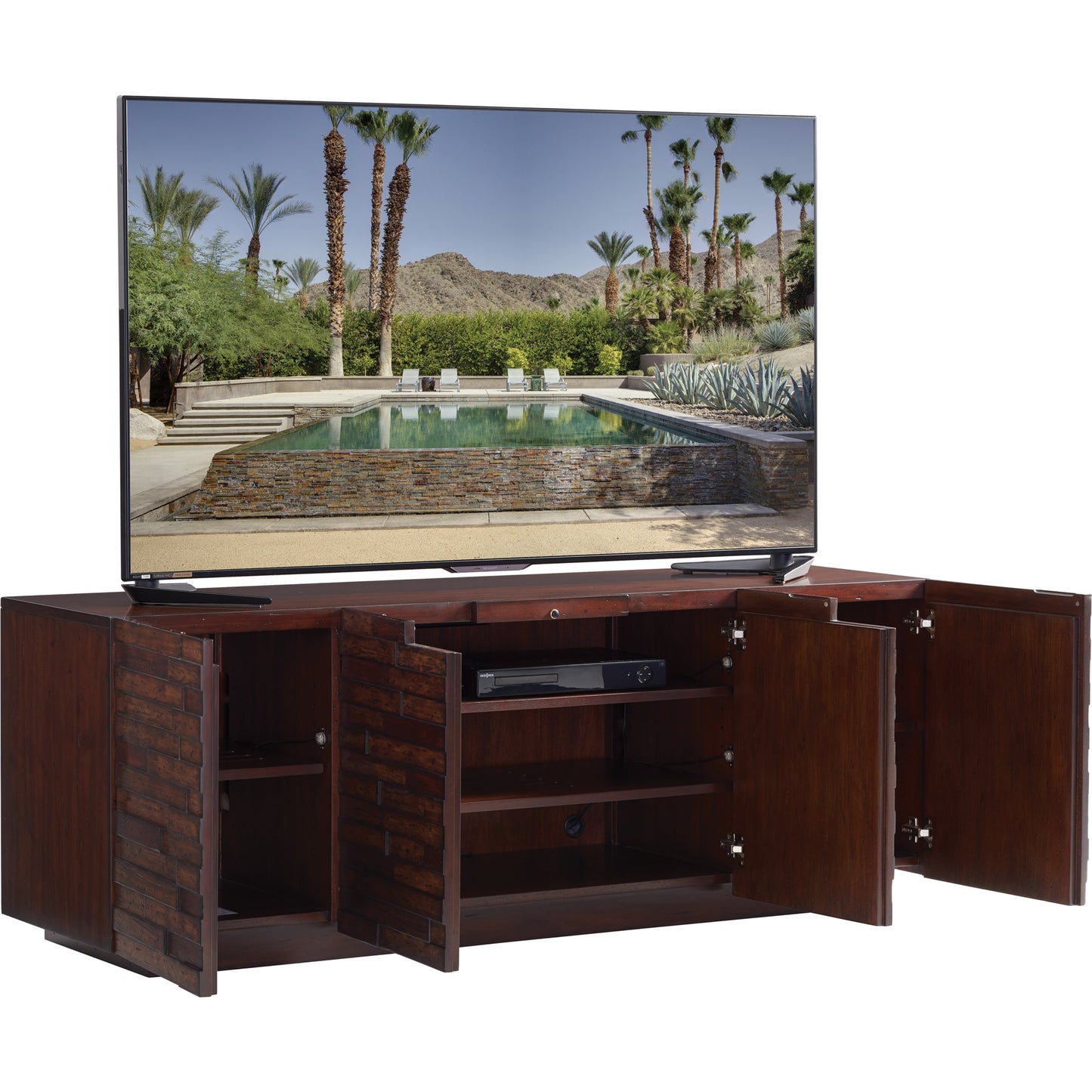 002 SR-835835 | Additional Silo | Criss Cross Media Console by Sligh in multi wood. Made from unique in a modern style.