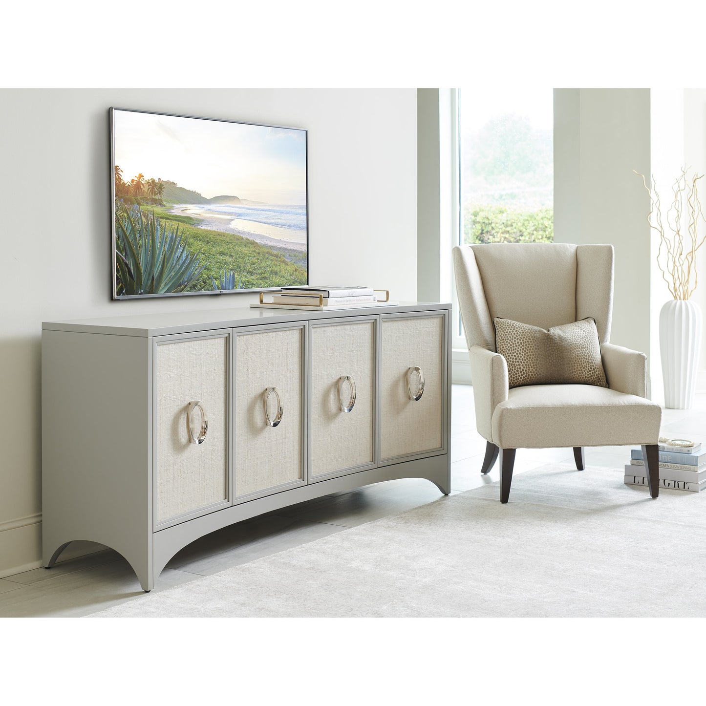 003 SI-1770837 | Lifestyle | Newbury Park Raffia Media Console by Sligh in gray. Made from unique in a transitional style.