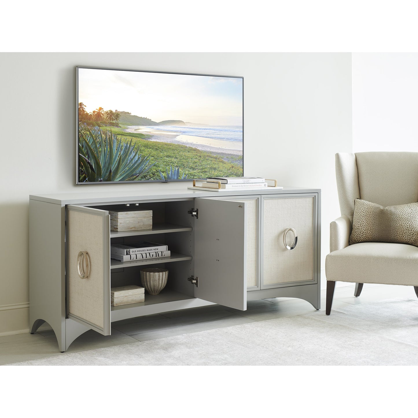 004 SI-1770837 | Lifestyle | Newbury Park Raffia Media Console by Sligh in gray. Made from unique in a transitional style.