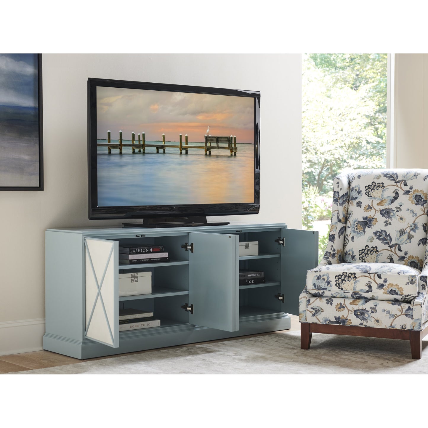 005 SI-1823490 | Lifestyle | Rosalind Media Console by Sligh in pale blue. Made from unique in a transitional style.
