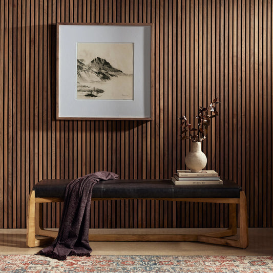 Roscoe Bench by Four Hands in sonoma black and toasted ash solid. Made from top grain leather, solid ash, poplar plywood in a modern style.