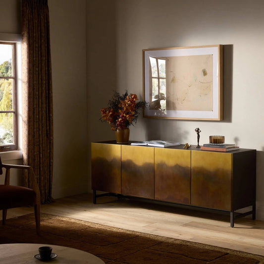 Stormy Media Console by Four Hands in distressed ombre, aged brown. Made from iron in a modern style.