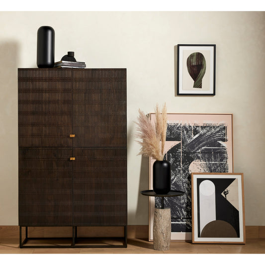 Kelby Cabinet by Four Hands in gunmetal, carved vintage brown, vintage brown. Made from solid mango, iron in a modern style.