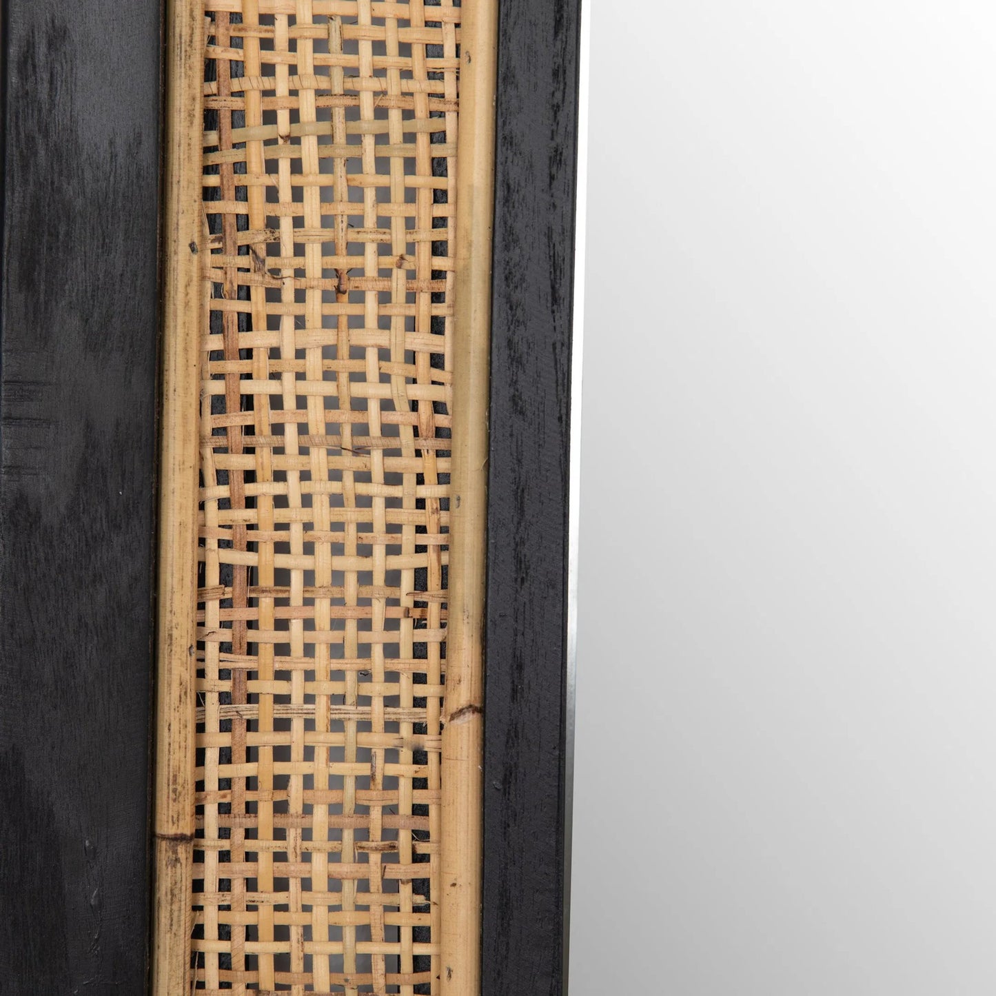 004 SI-2320007 | Closeup | Candon Floor Mirror by Four Hands in ebony black, warm wheat rattan. Made from solid sungkai, rattan in a coastal style.