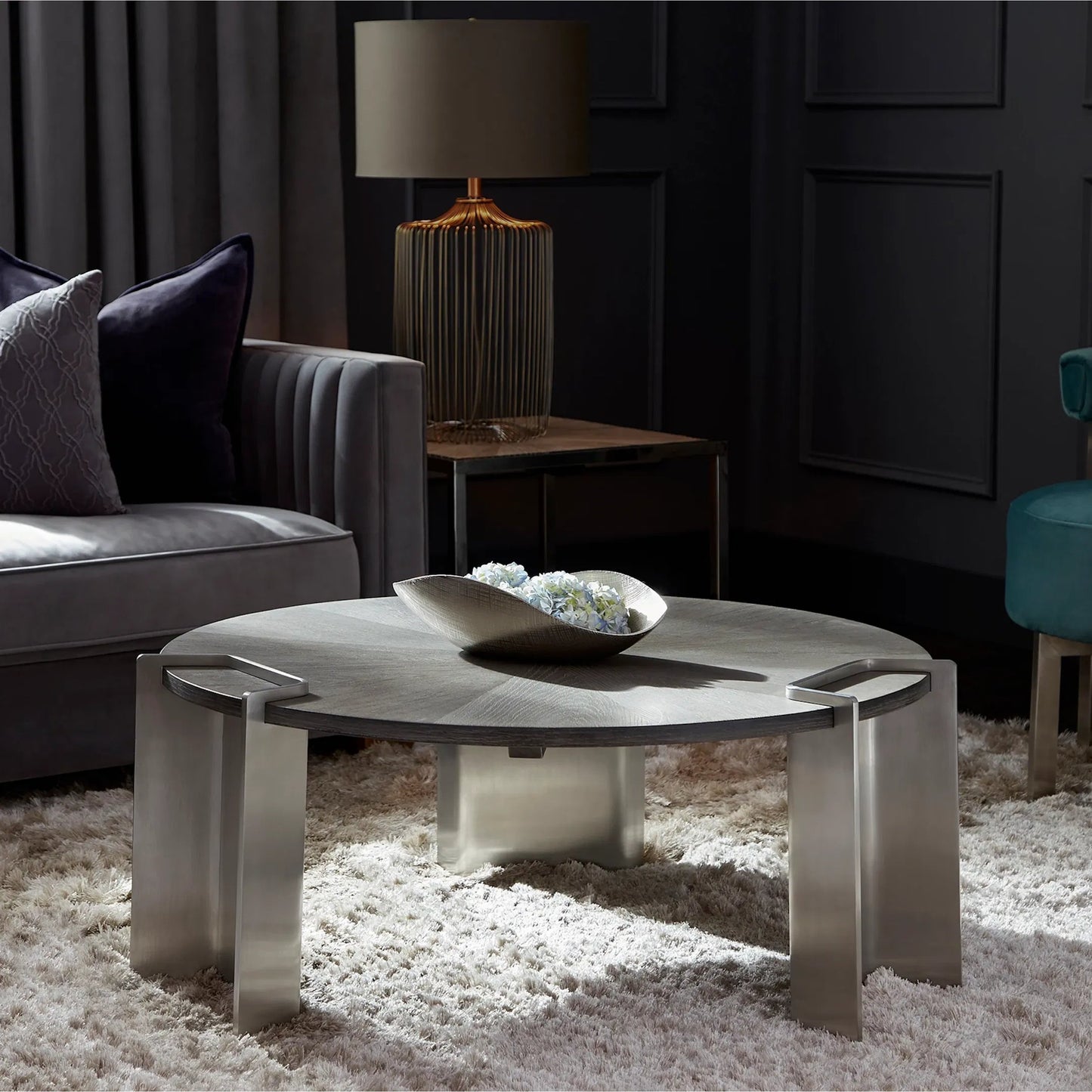 003 S-341867 | Lifestyle | Arca Coffee Table by Cyan Design in weathered oak, stainless steel. Made from oak, stainless steel in a modern style.