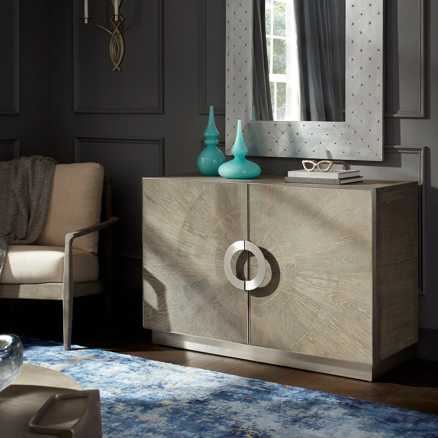 011 S-342144 | Lifestyle | Volonte Cabinet by Cyan Design in weathered oak, stainless steel. Made from oak, stainless steel in a modern style.