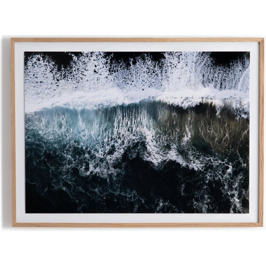 Wave Break 1 by Michael Schauer by Four Hands in vertical grain 2.5 white oak, vibrance matte paper, clear acrylic glazing. Made from vertical grain white oak, matte paper, acrylic glazing in a modern style.