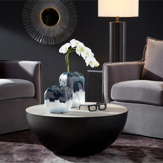 Messier Table Lamp by Cyan Design in gunmetal. Made from iron - glass - marble with off white linen shade in a modern style.