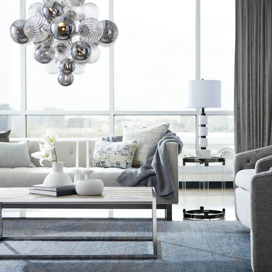 Hydra Table Lamp by Cyan Design in gunmetal. Made from iron, marble with off white linen shade in a modern style.