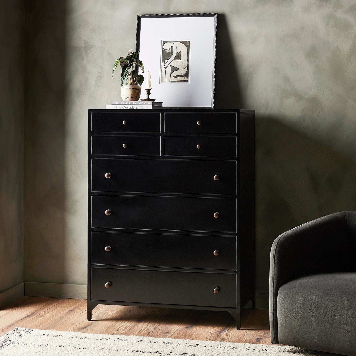 013 SI-1714416 | Lifestyle | Belmont Tall Dresser by Four Hands in black. Made from iron in a transitional style.