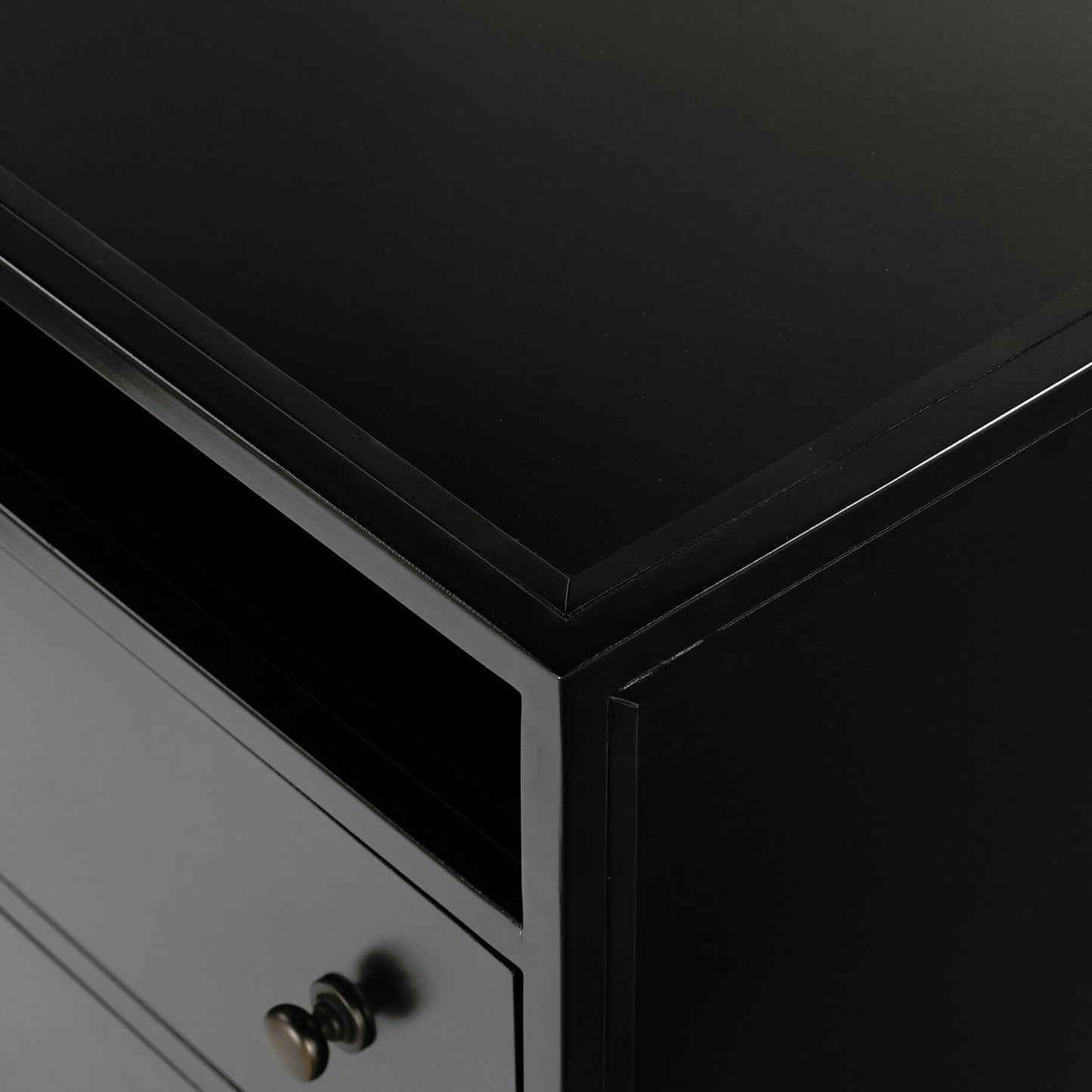 004 SI-2158063 | Closeup | Belmont 2 Drawer Nightstand by Four Hands in black, weathered bronze and black. Made from iron in a modern style.
