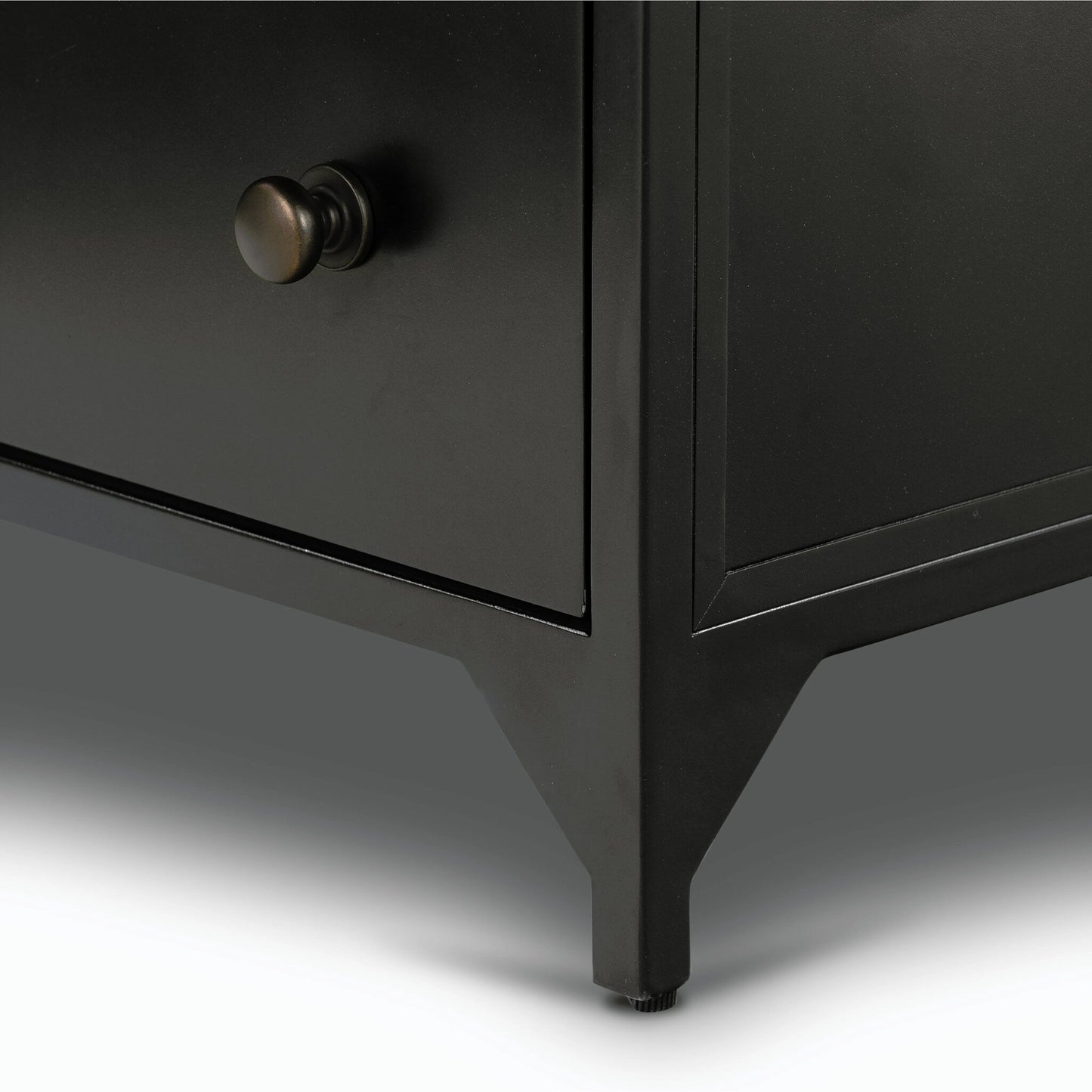 006 SI-2158063 | Closeup | Belmont 2 Drawer Nightstand by Four Hands in black, weathered bronze and black. Made from iron in a modern style.