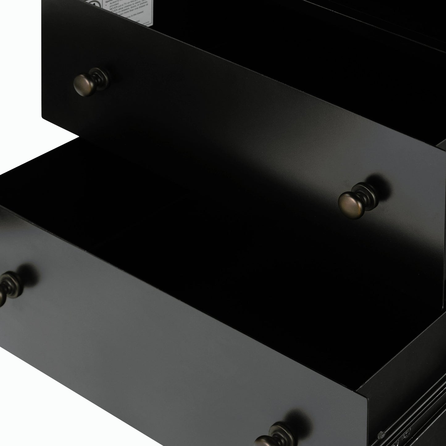 008 SI-2158063 | Closeup | Belmont 2 Drawer Nightstand by Four Hands in black, weathered bronze and black. Made from iron in a modern style.