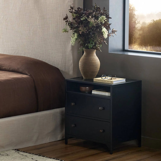 Belmont 2 Drawer Nightstand by Four Hands in black, weathered bronze and black. Made from iron in a modern style.