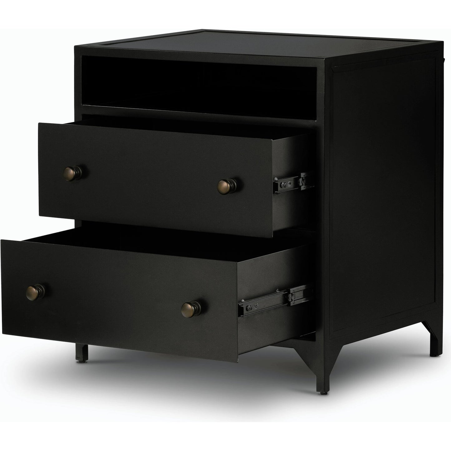 005 SI-2158063 | Closeup | Belmont 2 Drawer Nightstand by Four Hands in black, weathered bronze and black. Made from iron in a modern style.