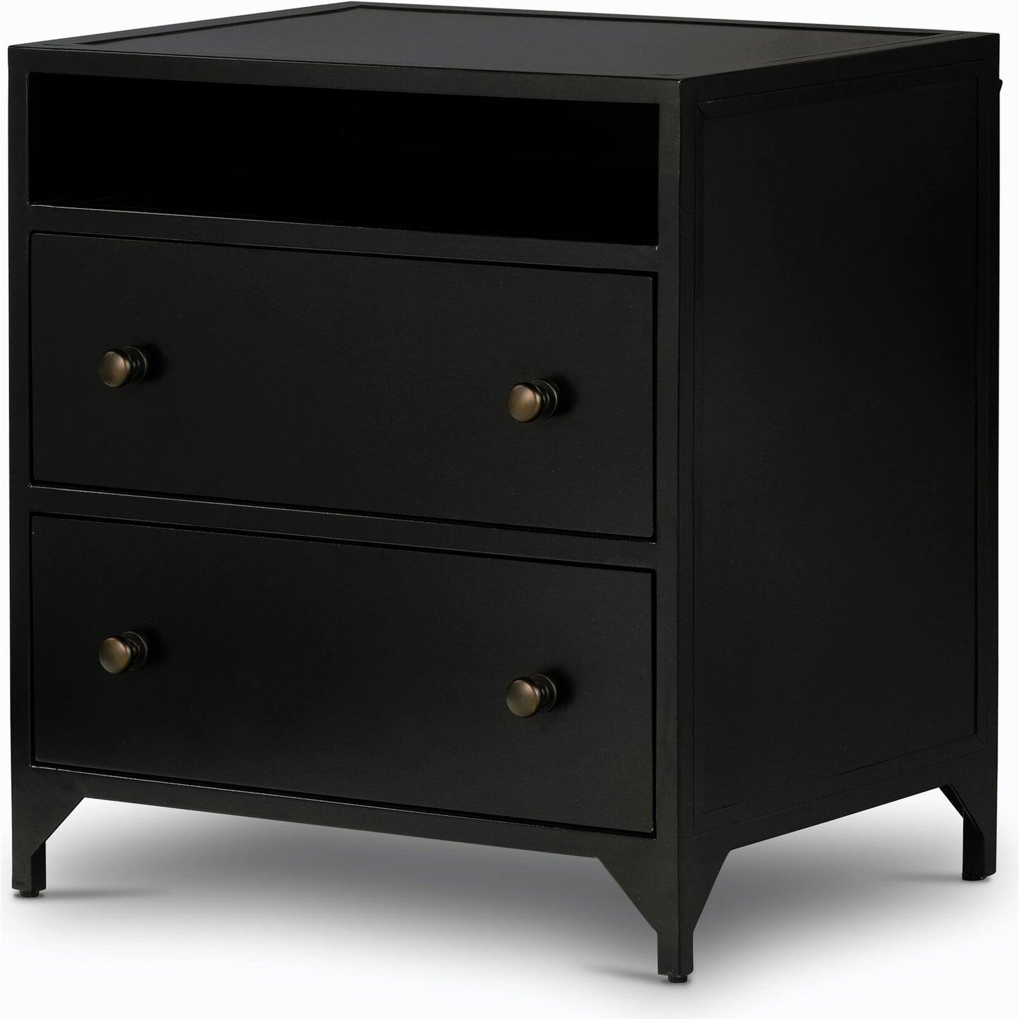 001 SI-2158063 | Primary Silo | Belmont 2 Drawer Nightstand by Four Hands in black, weathered bronze and black. Made from iron in a modern style.