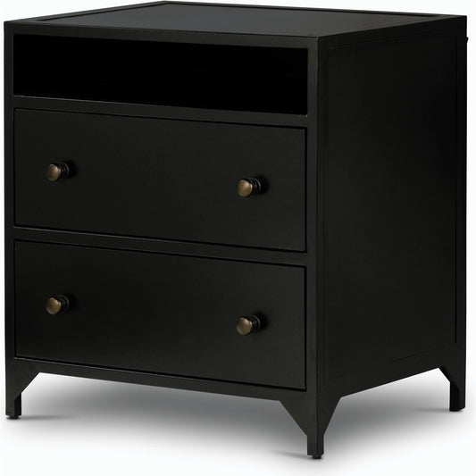 Belmont 2 Drawer Nightstand by Four Hands in black, weathered bronze and black. Made from iron in a modern style.