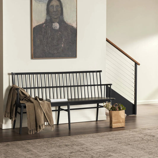 Aspen Large Bench by Four Hands in black oak. Made from solid oak, oak veneer in a cottage & farmhouse style.