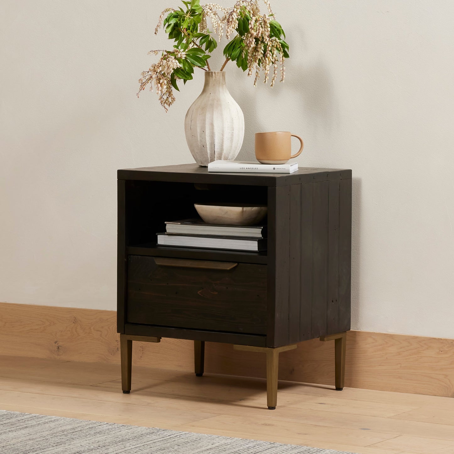 010 SI-1717262 | Lifestyle | Wyeth Nightstand by Four Hands in dark carbon, antique brass. Made from solid reclaimed pine, iron in a modern style.