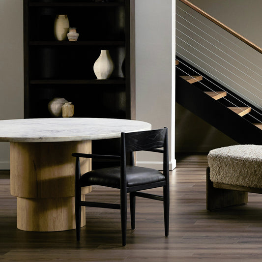 Mavery Dining Chair by Four Hands in sierra espresso, brushed ebony oak, brushed ebony oak veneer. Made from faux leather, solid oak, oak veneer in a modern style.