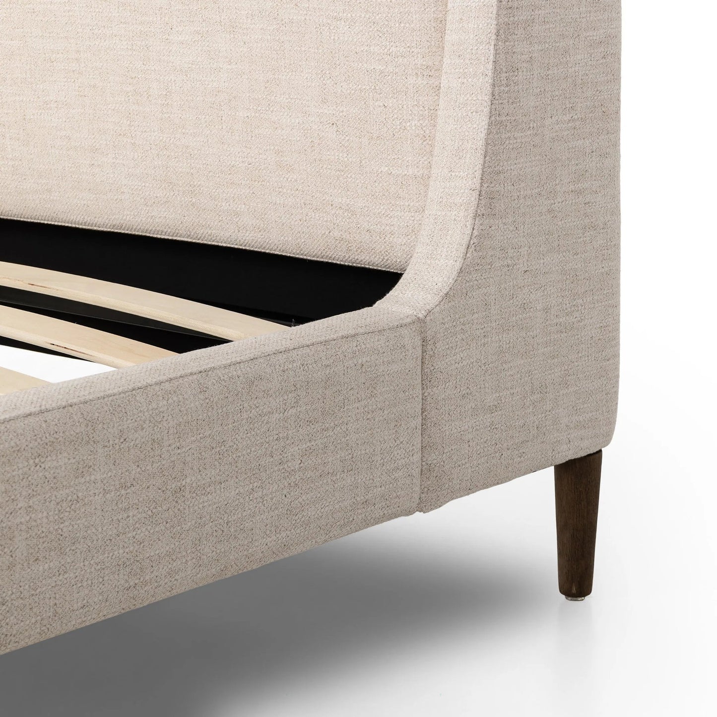 008 SI-2449409 | Closeup | Potter Bed by Four Hands in dover crescent, distressed natural. Made from 71% viscose (rayon), 17% polyester, 12% flax/linen, solid parawood in a unique style.