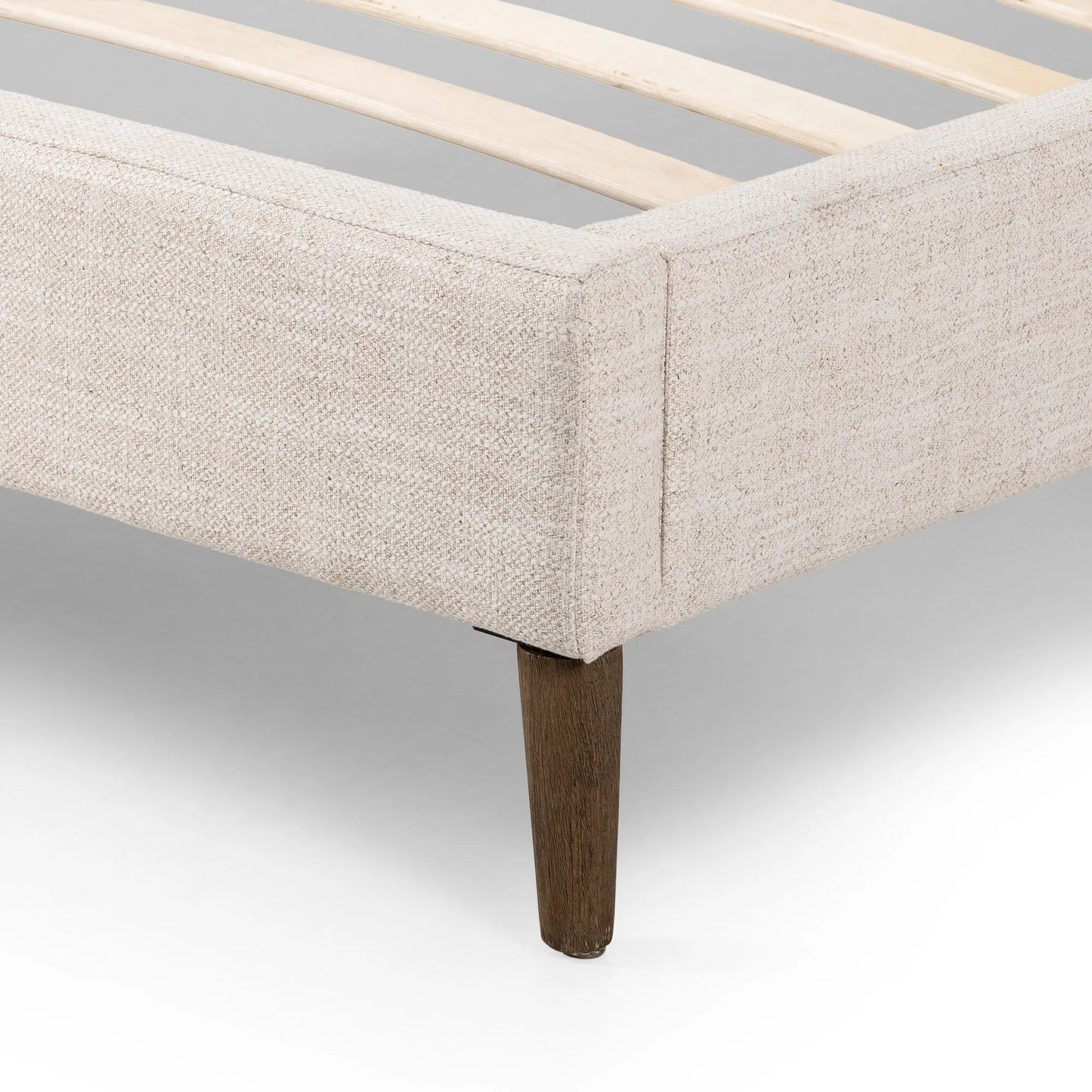 009 SI-2449409 | Closeup | Potter Bed by Four Hands in dover crescent, distressed natural. Made from 71% viscose (rayon), 17% polyester, 12% flax/linen, solid parawood in a unique style.