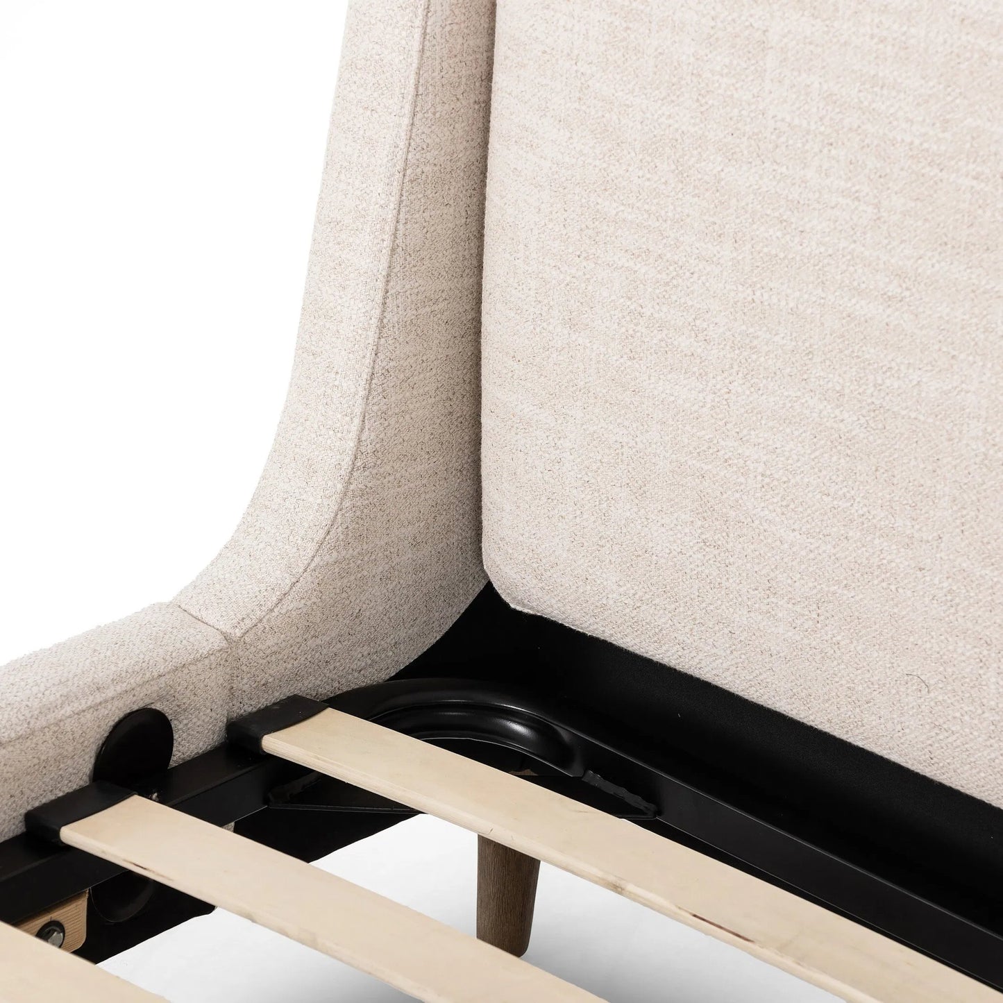010 SI-2449409 | Closeup | Potter Bed by Four Hands in dover crescent, distressed natural. Made from 71% viscose (rayon), 17% polyester, 12% flax/linen, solid parawood in a unique style.