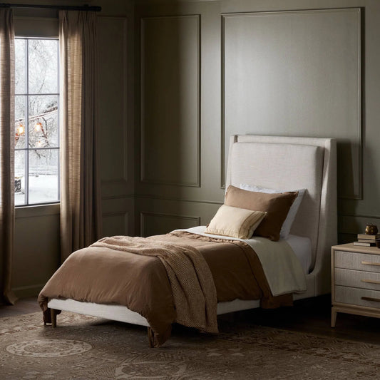 Potter Bed by Four Hands in dover crescent, distressed natural. Made from 71% viscose (rayon), 17% polyester, 12% flax/linen, solid parawood in a transitional style.