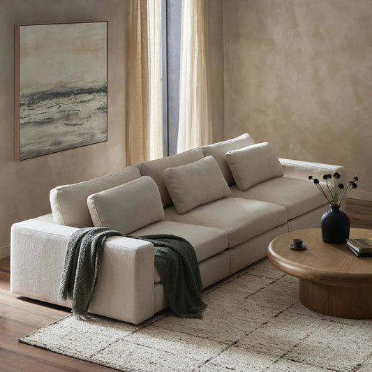 Bloor 3-Piece Sectional by Four Hands in clairmont sand. Made from 71% olefin, 30% polyester, solid pine, 50% fiber, 50% down in a modern style.